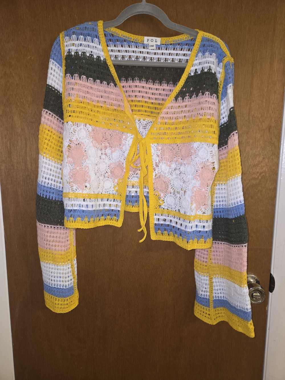 POL Crochet Tie-Front Striped Cardigan - Yellow, Pink, Blue, White, Gray